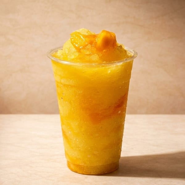 A vibrant yellow mango smoothie in a clear plastic cup, topped with mango chunks.