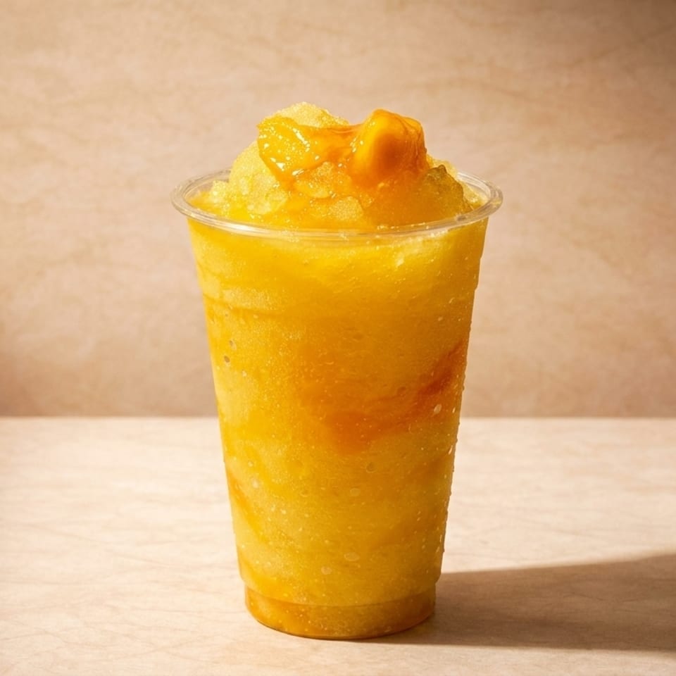 A vibrant yellow mango slushie with mango chunks and syrup in a clear plastic cup.