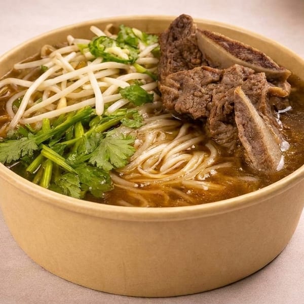 Hearty beef short rib pho with noodles, bean sprouts, and cilantro in a to-go container.