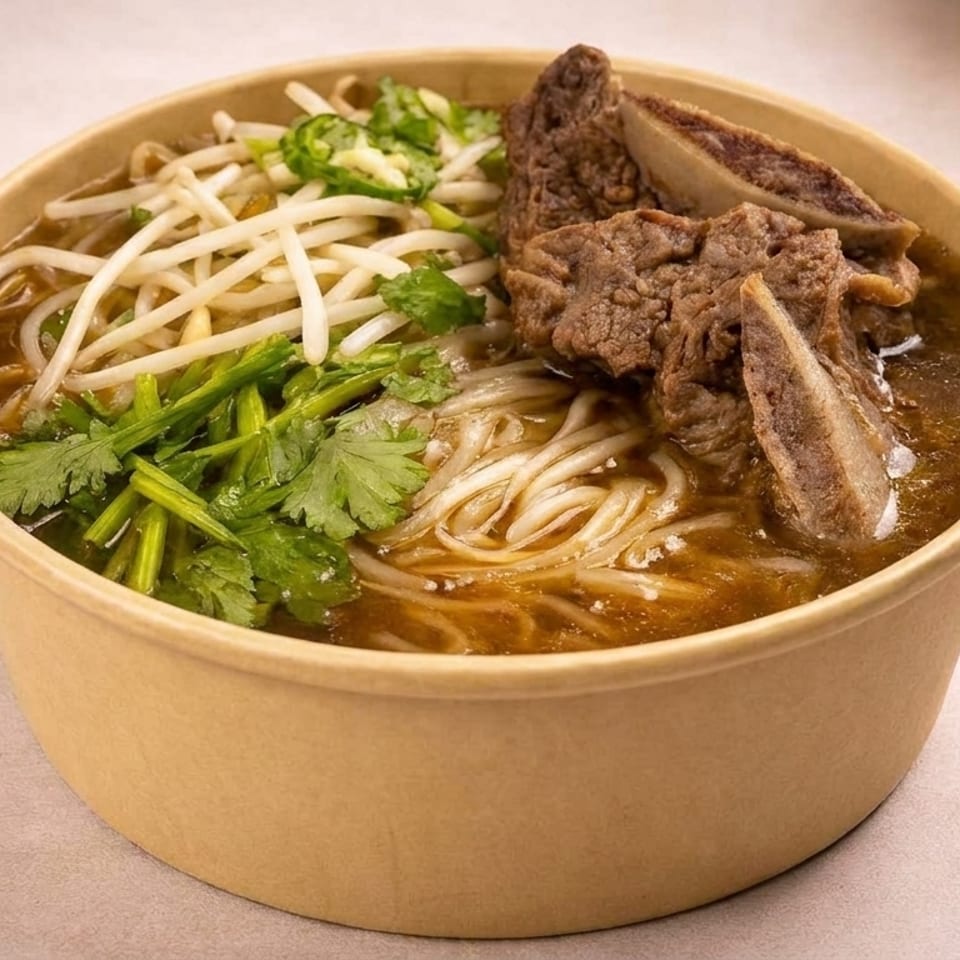 Hearty beef short rib pho with noodles, bean sprouts, and cilantro in a to-go container.