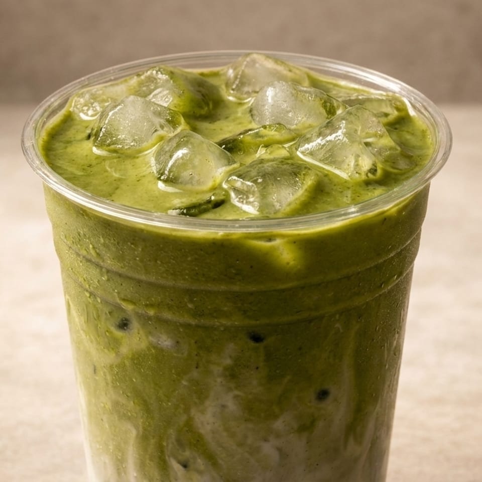 Iced matcha latte in a clear plastic cup with ice cubes and a creamy swirl.