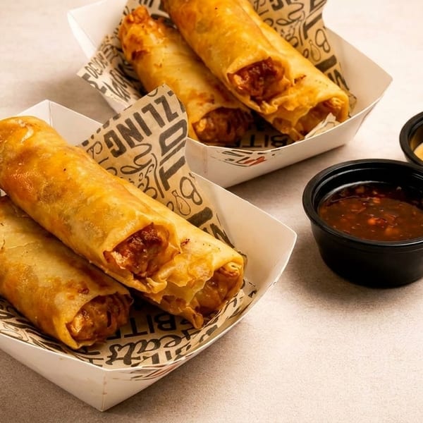 Two servings of crispy egg rolls in paper trays, with two dipping sauces on the side.