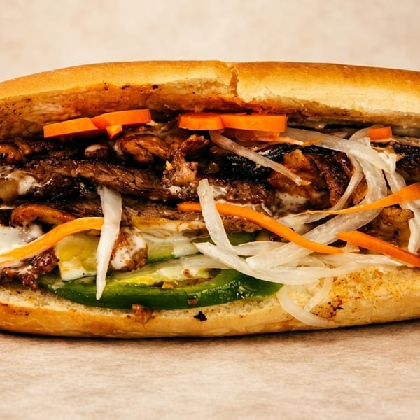 A large, hearty sandwich filled with grilled meat, sliced onions, carrots, and green peppers.