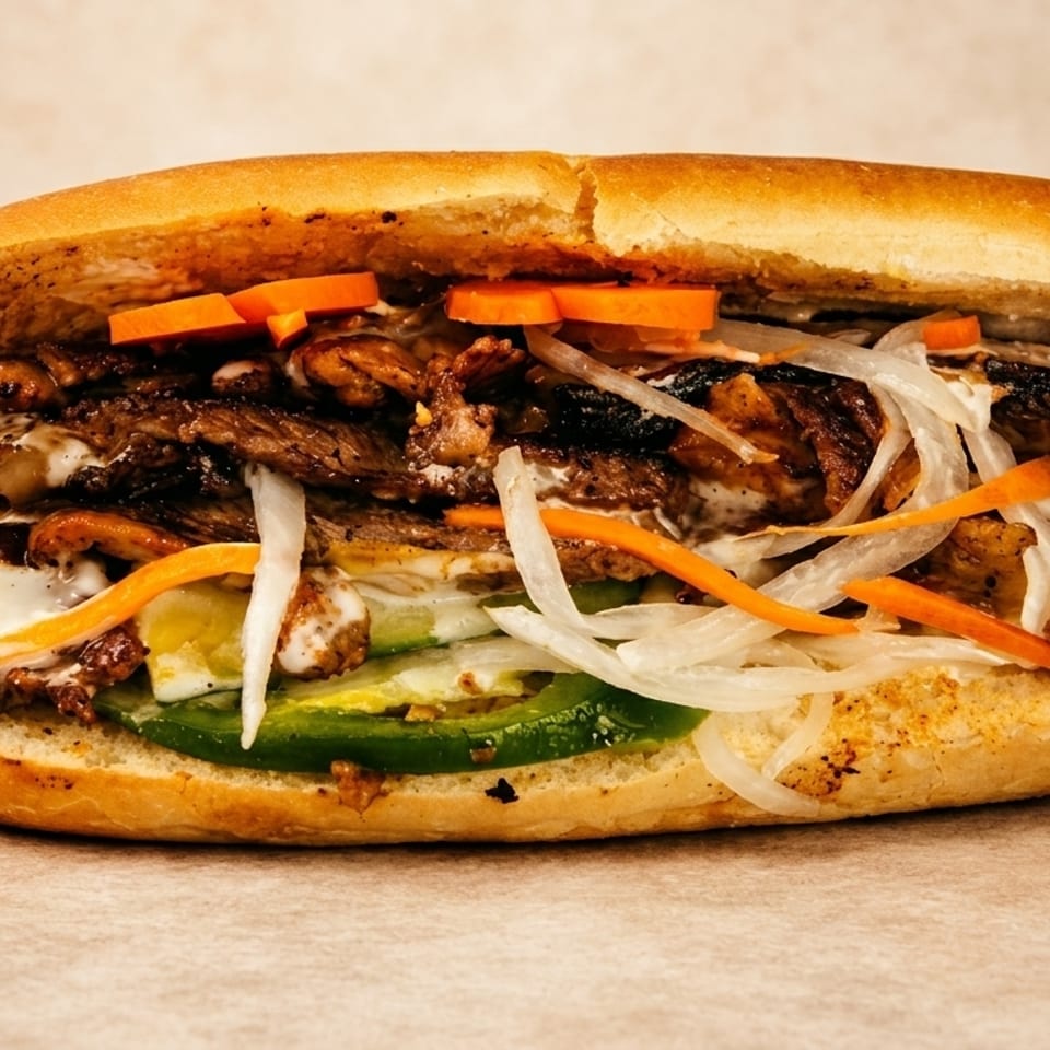 A large, hearty sandwich filled with grilled meat, sliced onions, carrots, and green peppers.