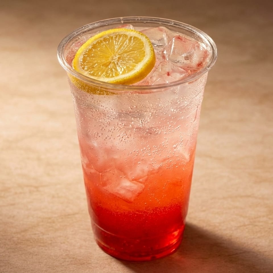 A vibrant red and clear sparkling drink with ice and a lemon slice in a plastic cup.