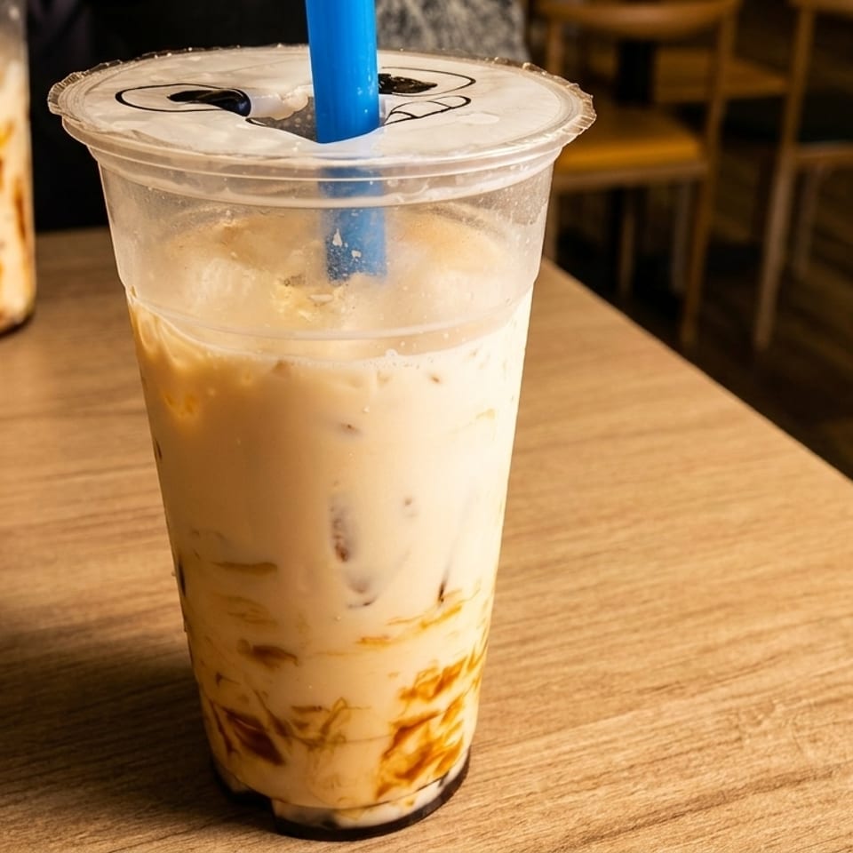 Two plastic cups of brown sugar boba milk tea with straws on a wooden table.