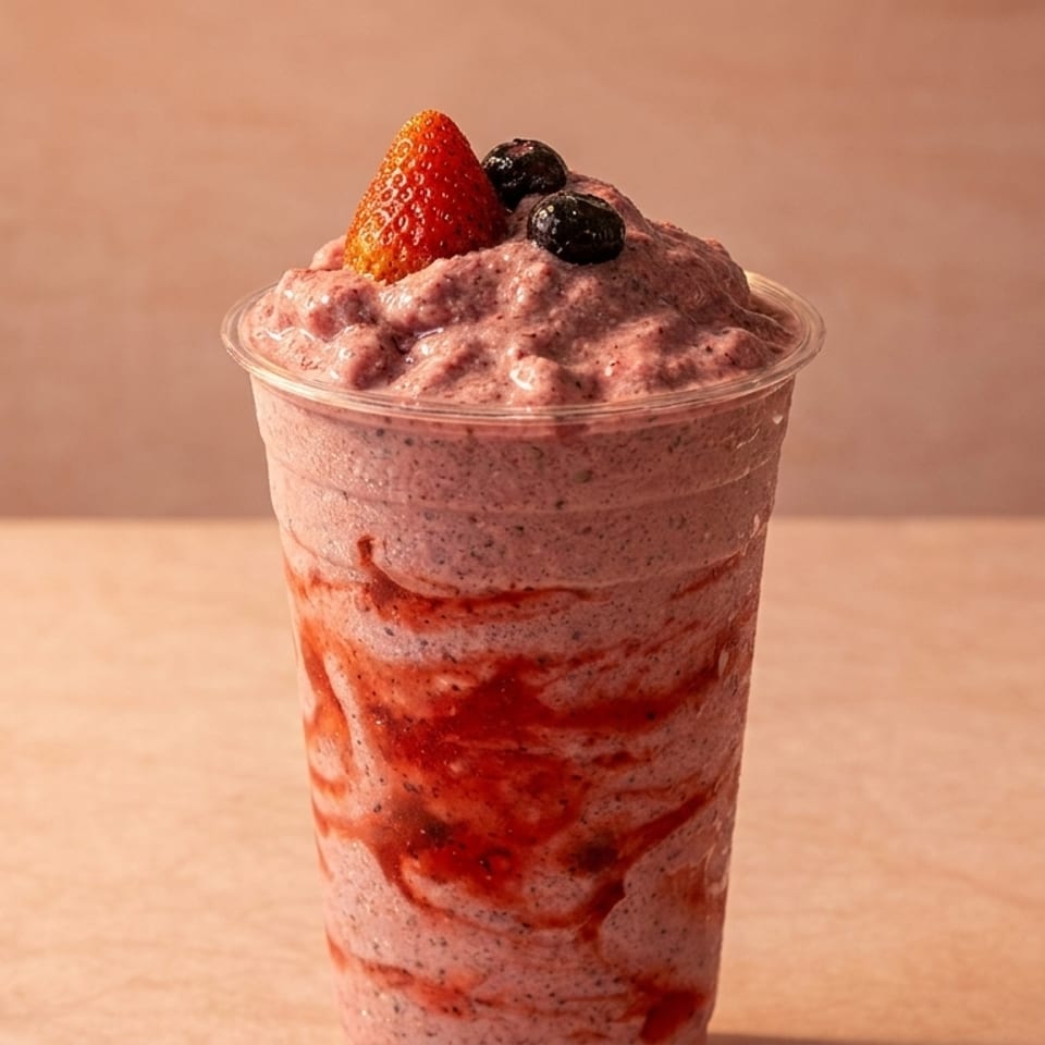 Berry smoothie in a clear cup, topped with a strawberry and blueberries, with strawberry syrup swirls.
